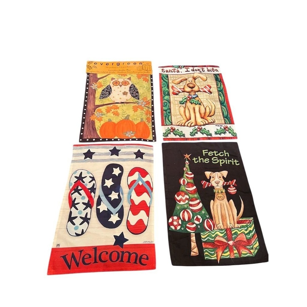 Set‎ of 4 Seasonal Garden Flags Owl Dog Santa Christmas Tree 12.5"x18"
